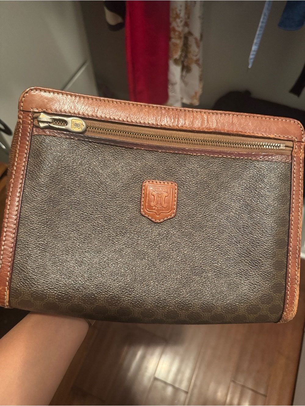 Celine Macadam Brown and Tan Leather-Trim Clutch
